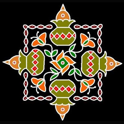 an intricate design on a black background with orange and green accents, including leaves and flowers