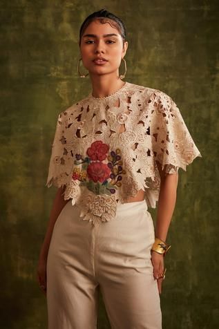 Shop for Chandrima White Chanderi Cutwork Top for Women Online at Aza Fashions Cutwork Tops For Women, Print Development, Romantic Lace Blouse, Hybrid Fashion, Cutwork Top, Diwali 2024, Floral Beadwork, Poncho Style Top, Lace Blouses