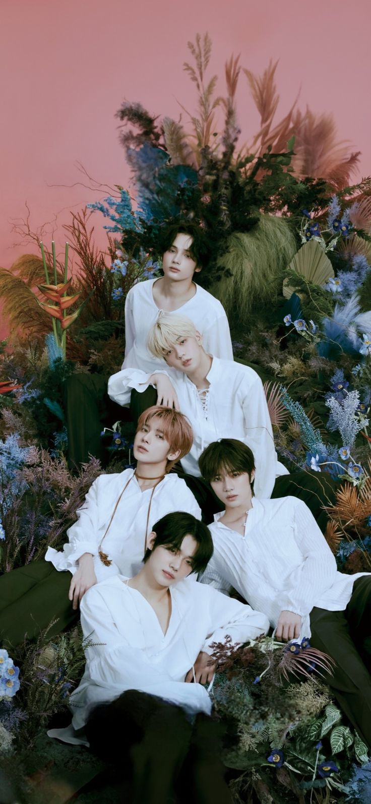 four young men are sitting in the middle of a flowery field, posing for a photo