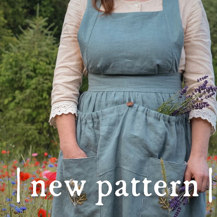 a woman wearing an apron and holding flowers in her hands with the words new pattern on it