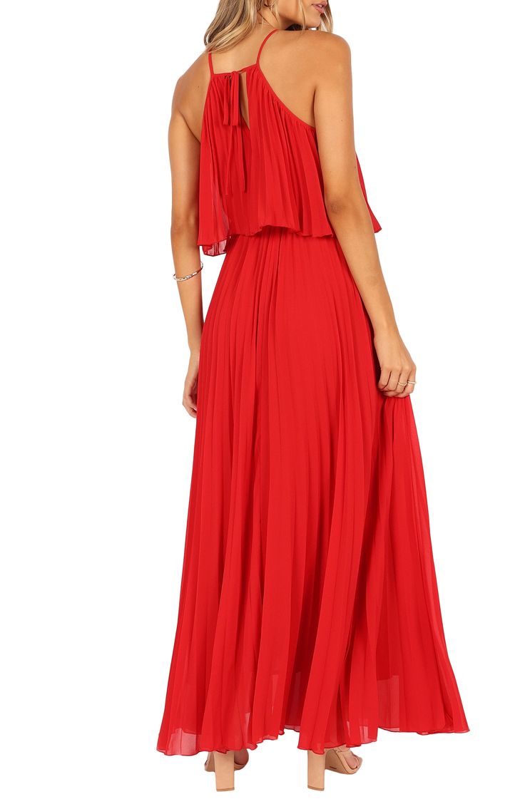 A drapey bodice brings flowy flair to this boldly pleated maxi dress that sways with each step you take. Adjustable back tie closure Jewel neck Sleeveless, with cutaway shoulders Lined 100% polyester Hand wash, dry flat Imported Evening Flowy Pleated Chiffon Dress, Flowy Pleated Chiffon Dress For Evening, Pleated Chiffon Maxi Dress For Prom, Floor-length Pleated Prom Maxi Dress, Pleated Bodice Maxi Dress For Prom, Red Pleated Chiffon Dress, Sleeveless Maxi Dress With Pleated Back For Prom, Bridesmaid Pleated Floor-length Maxi Dress, Flowy A-line Maxi Dress For Prom