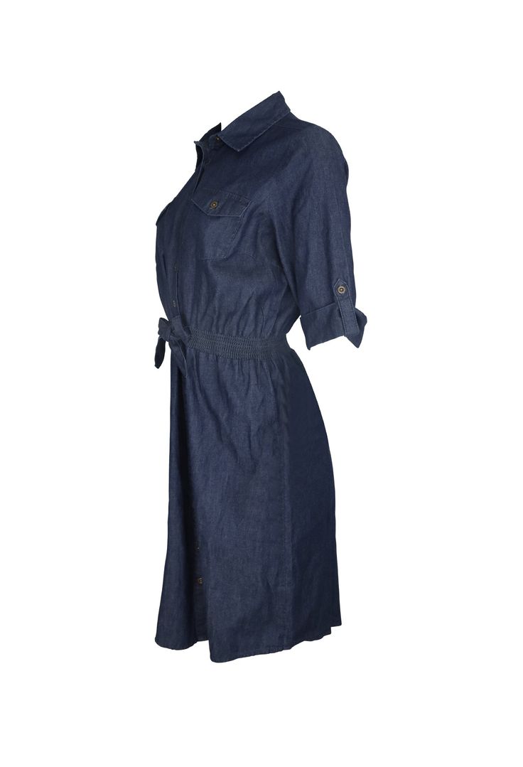 This jean dress is versatile and stylish, with a dark blue color and a midi length cut. The sleeves fall to the elbow, and you can tie the front for a cuter look. The skirt is long and goes to the knee. Styling this piece with a purse or a nice pair of shoes would compliment the dress well. It could be worn for work or even a luncheon. Recycled by Meskita My Closet. Size: M cotton machine wash Knee-length Belted Denim Dress For Work, Chic Belted Knee-length Denim Dress, Chic Knee-length Belted Denim Dress, Elegant Knee-length Denim Dress For Work, Chic Belted Denim Dress For Fall, Belted Knee-length Denim Dress, Belted Knee-length Denim Dress For Fall, Knee-length Denim Dress For Fall Workwear, Elegant Denim Dress With Pockets For Fall