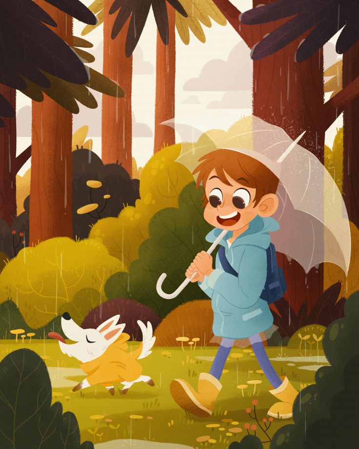 a little boy walking in the rain with an umbrella over his head and a dog running behind him