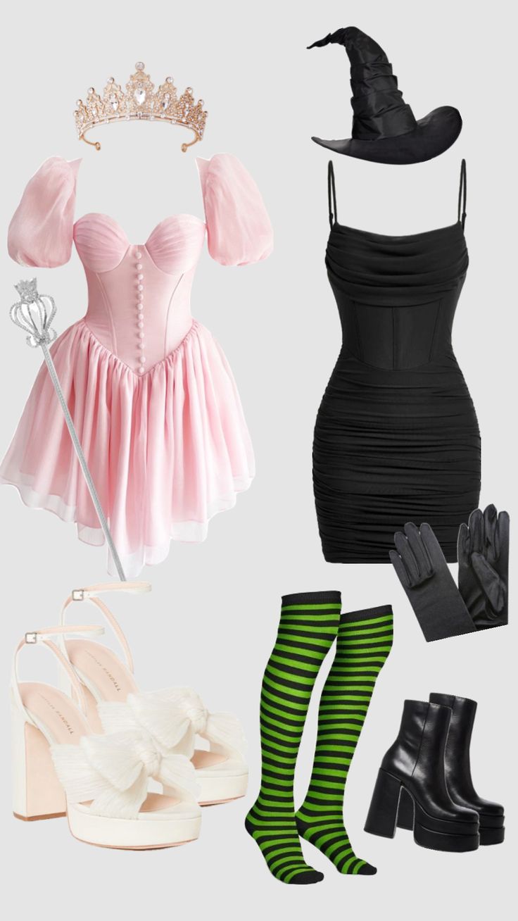 the costume is pink and black with green striped stockings, high heeled shoes, and a tiara