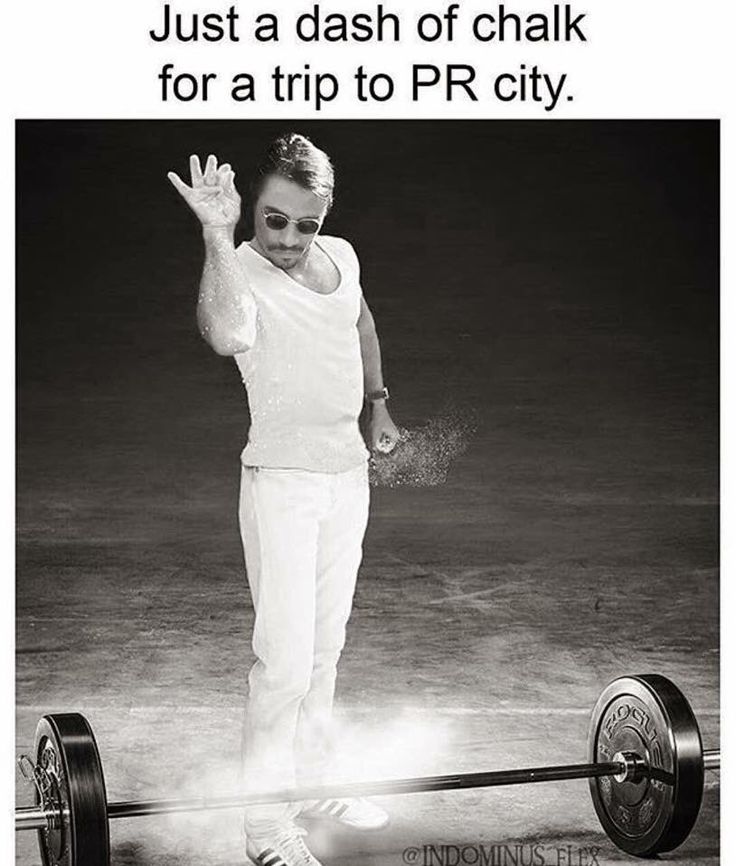 a woman standing on top of a barbell with the caption just a dash of chalk for a trip to pr city