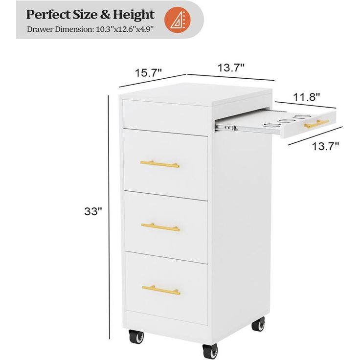 a white cabinet with three drawers on wheels and measurements for the height of each drawer