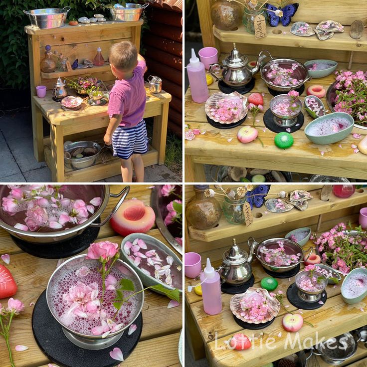 a collage of photos showing the process of making pink flowers in pots and pans