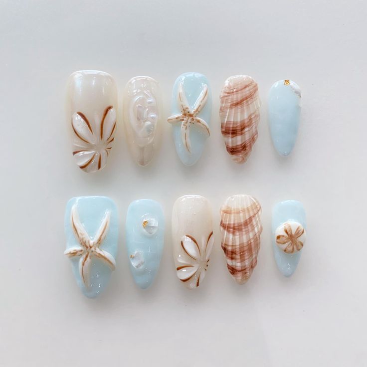 custom nails,Spring Nails,fake nails,presson nails,gyaru nails,glue on nails, Elegant nails,Trendy nails,sea nails,ocean nails,handmade nails 🌸About the product  1.Each set include 10 nails of 100% handmade  2. Cuticle stick 3. Nail file 4. Jelly glue set 5. Packaging storage box 🌸Material: Acrylic 🌸How to measure the size？ 1. Measure the bare nails without nail polish 2. Use a tape measure to measure the widest part of the nail 3. Align the scale to the left edge of the nail, close to the cu Short Almond Nails Summer, Ongles Baby Blue, Nails Gyaru, Starfish Nails, Nails Baby Blue, Nails Ocean, Gyaru Nails, Nails Short Almond, Shell Nails