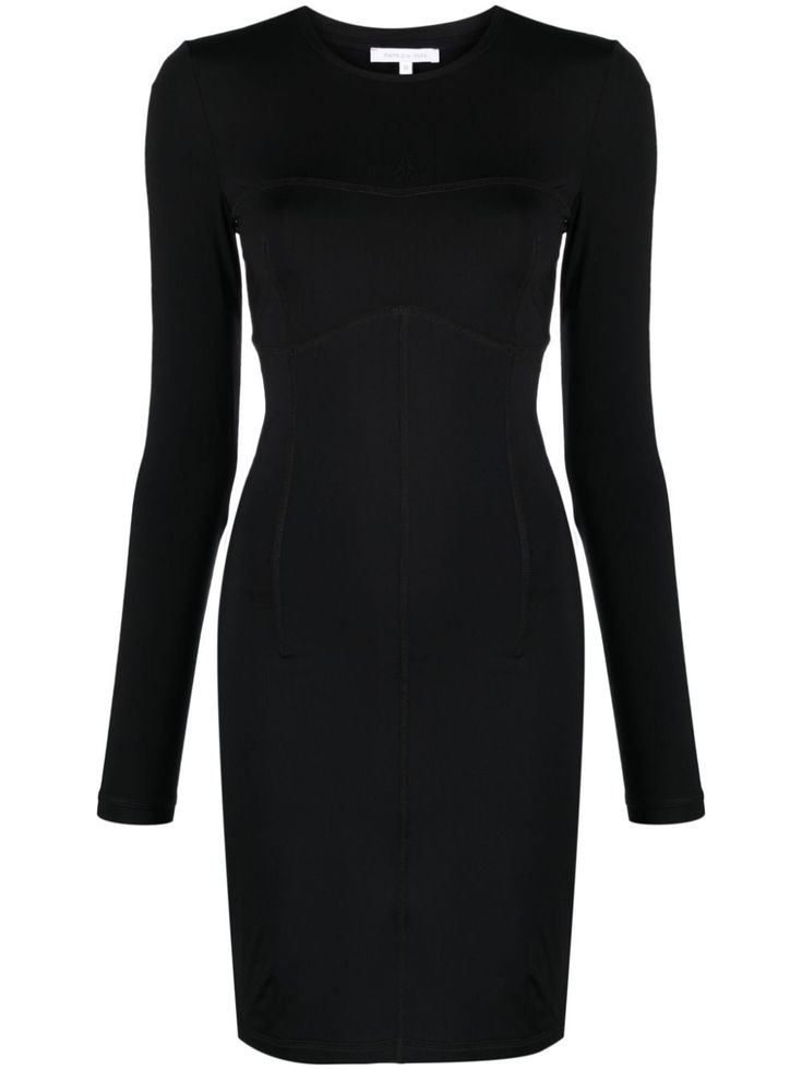 jet black stretch-jersey rubberised logo detail exposed decorative stitching round neck long sleeves fitted waistline thigh-length Decorative Stitching, Black Stretch, Cocktail Dress Party, Jet Black, Fitted Dress, Dress Black, Colorful Dresses, Fashion Branding, Party Dress