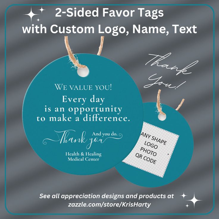 two sided tags with custom logo, name, text and thank you for each item