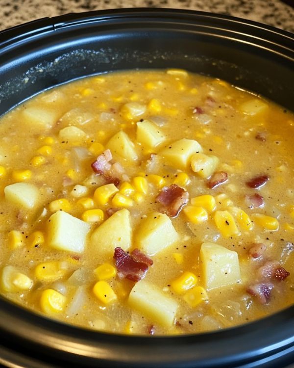 a crock pot filled with corn and potatoes