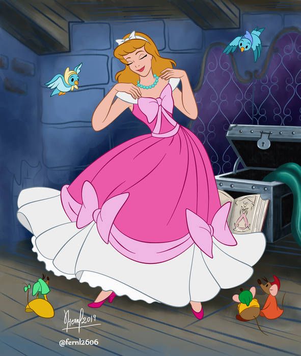 the princess in her pink dress is standing next to an open trunk and looking at something