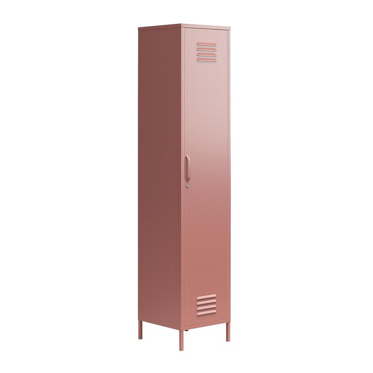 a tall pink metal locker sitting on top of a white floor