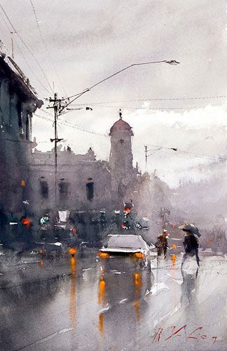 a painting of people walking down the street in the rain with an umbrella over their head