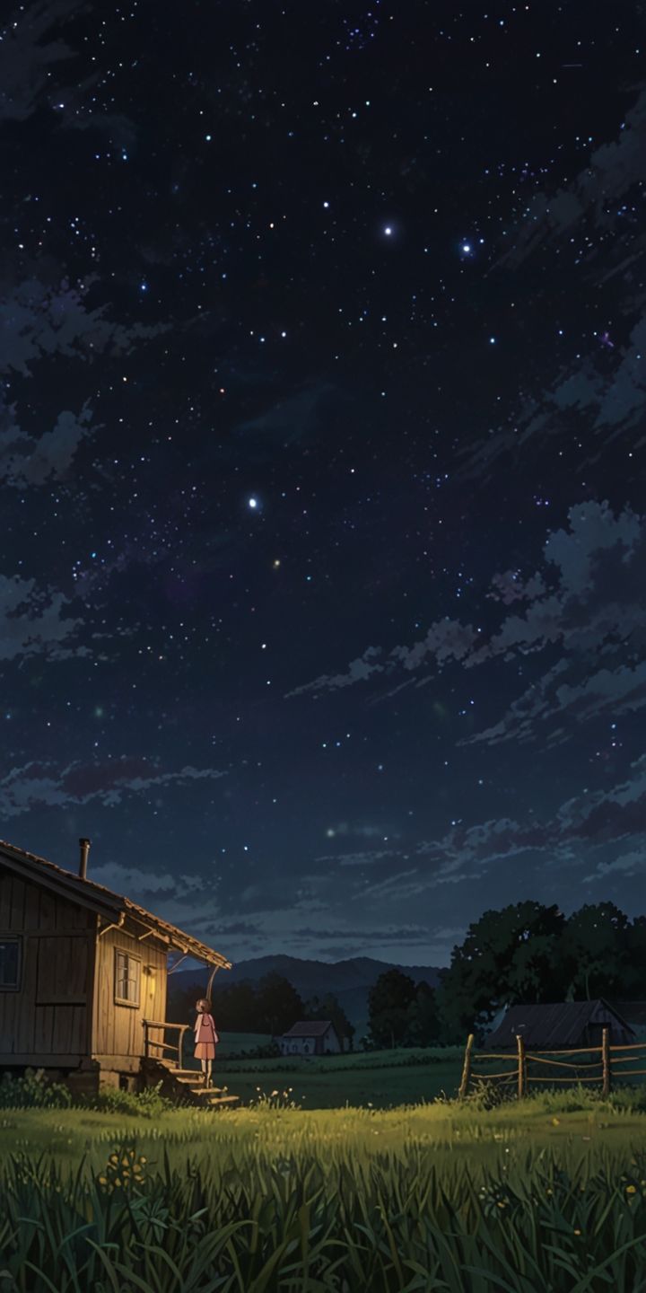 the night sky is filled with stars above a small cabin in a grassy field near a fence