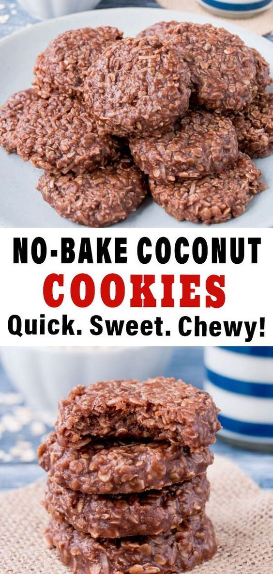 no - bake coconut cookies stacked on top of each other with the words, no - bake coconut cookies quick and sweet chew