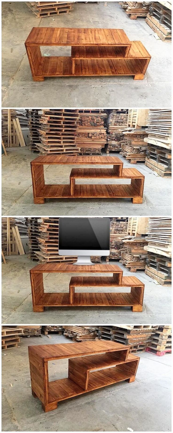 three different views of an entertainment center made out of wood