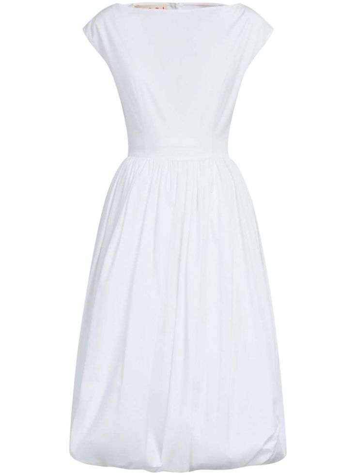 optical white cotton wide neck rear zip fastening cap sleeves fitted waistline full skirt puffball hem below-knee length Marni Dress, Midi Dress White, Cotton Midi Dress, Van Cleef Arpels, Vestido Casual, White Midi Dress, Lady Dior, Hermes Birkin, Full Skirt