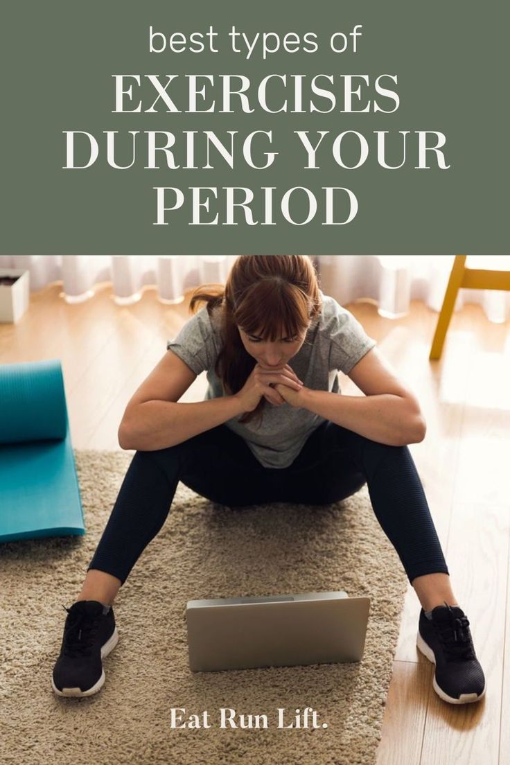 a woman sitting on the floor with her laptop in front of her and text overlay that reads best types of exercises during your period