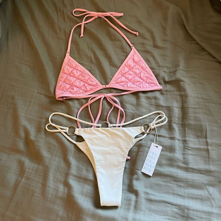 Super Cute As A Set, Never Worn. Nwt. Both Pieces Are Size M White Fitted T-back Swimwear, White T-back Swimwear Beachwear, White T-back Swimwear For Beach, Adjustable White Swimwear For Pool, White Fitted Triangle Top Swimwear, Fitted White Triangle Top Swimwear, White T-back Swimwear For Poolside, Fitted White T-back Swimwear, Adjustable White Swimwear For Spring