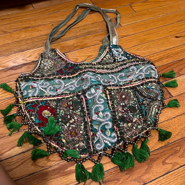 Stunning Hand Embroidered Hobo Bag, Created By Artisans From India. Brand New. Multicolor Embroidered Bags For Daily Use And Festivals, Embroidered Shoulder Bag For Summer Festivals, Festival Multicolor Embroidered Bags For Daily Use, Green Shoulder Bag For Summer Festival, Everyday Use Green Shoulder Bag With Floral Embroidery, Green Embroidered Bag For Everyday Use, Bohemian Embellished Shoulder Bag For Everyday, Embellished Rectangular Bag For Festival, Green Everyday Bags For Festivals