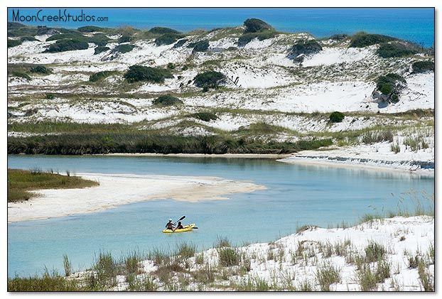 two people are kayaking in the water near snow covered hills and trees, with mountains in the background