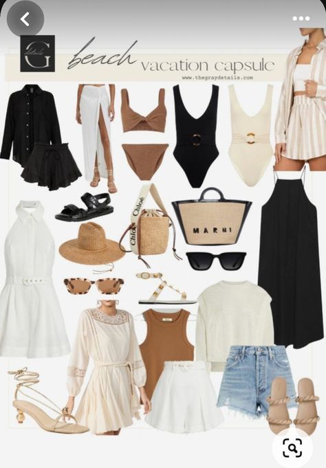 Minimal Beach Vacation Outfits, Neutral Cruise Outfits, Neutral Holiday Outfits Summer, Earth Tone Vacation Outfit, Beach Vacation Outfits Capsule, Summer Holiday Outfits Beach Vacation Style Capsule Wardrobe, Neutral Summer Vacation Outfits, Summer Outfits Resort, Neutral Hawaii Outfits