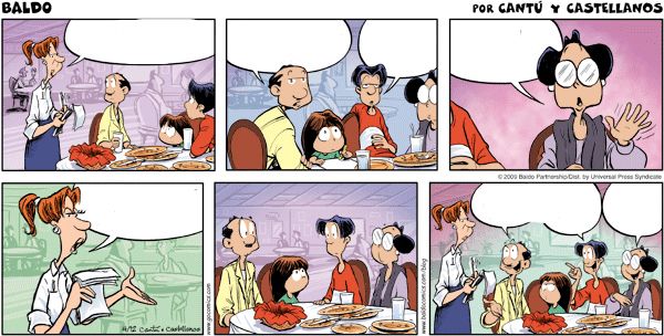 a comic strip with people sitting at a table eating food and talking to each other