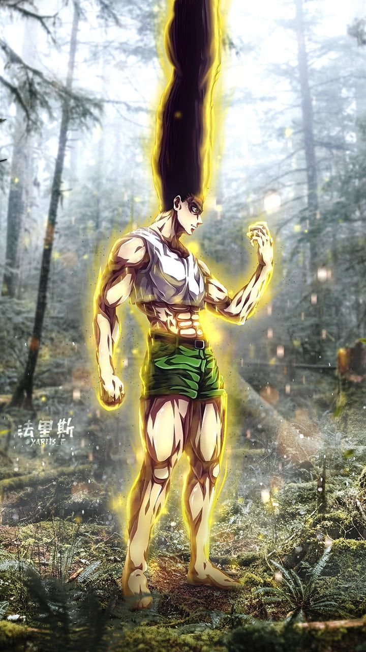 an anime character standing in the middle of a forest