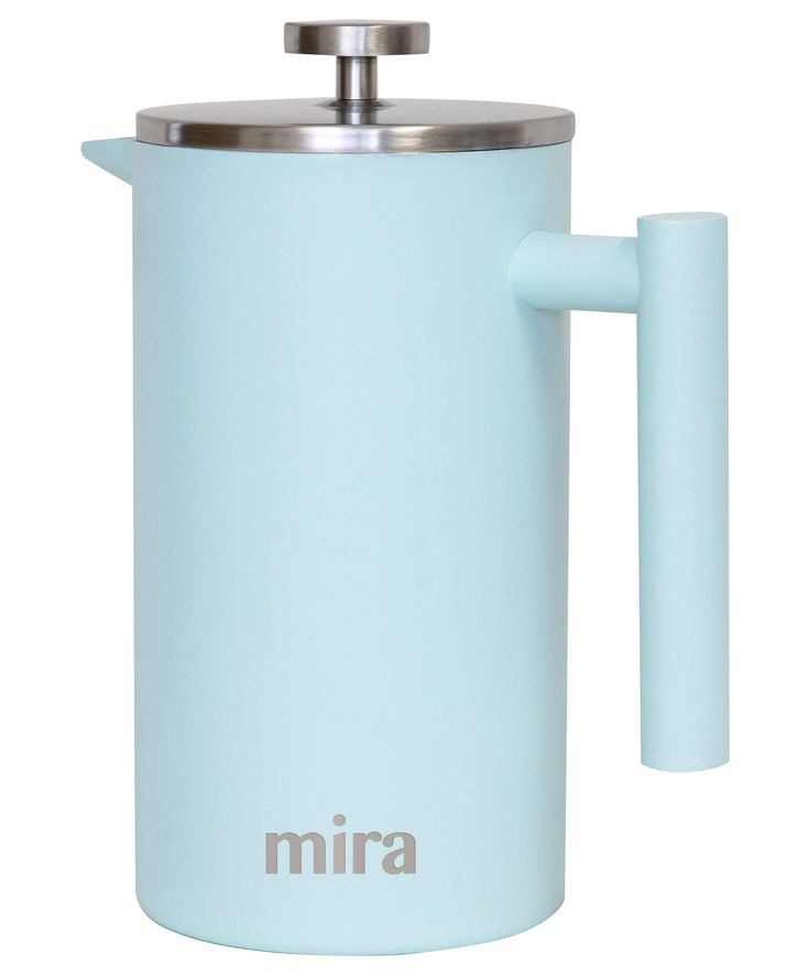 a light blue coffee pot with a handle