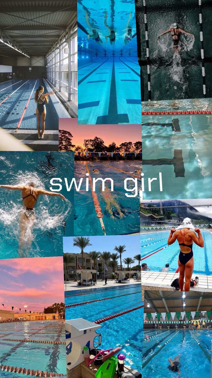 a collage of swimming pictures with people in the water