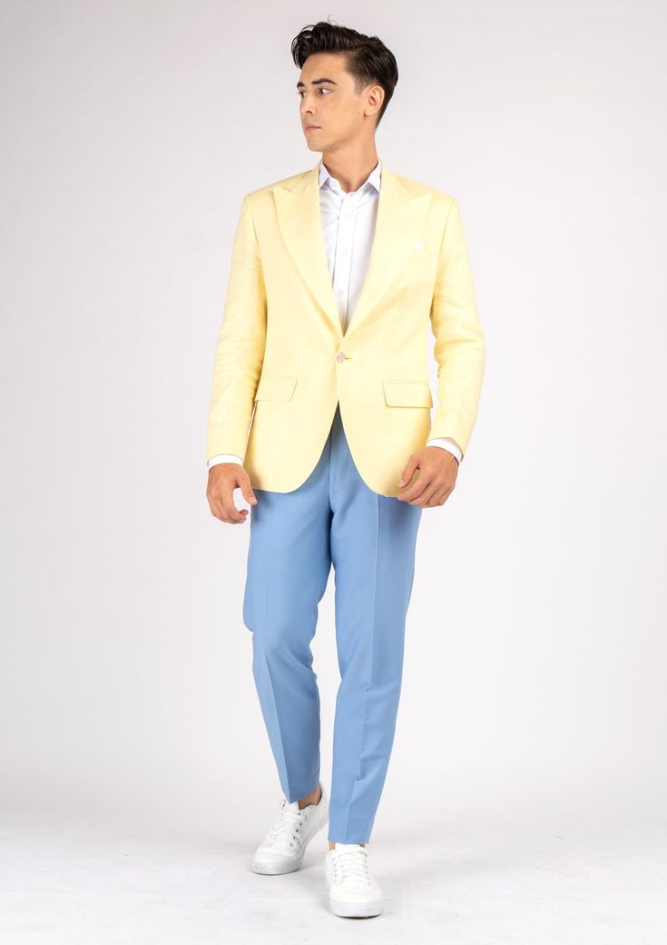 Experience true elegance in this Liberty Light Yellow Linen jacket. Handcrafted from 100% linen, this eye-catching custom made blazer will make you look and feel like a million bucks with its bright and stylish summer vibes. Perfect for stand out occasions, your exquisite outfit will turn heads. Pale Yellow Suit Men, Luxury Yellow Semi-formal Blazer, Tailored Long Sleeve Yellow Blazer, Classic Yellow Blazer With Button Closure, Classic Single-breasted Yellow Blazer, White Linen Shirt, Body Posture, Body Proportions, Linen Jacket