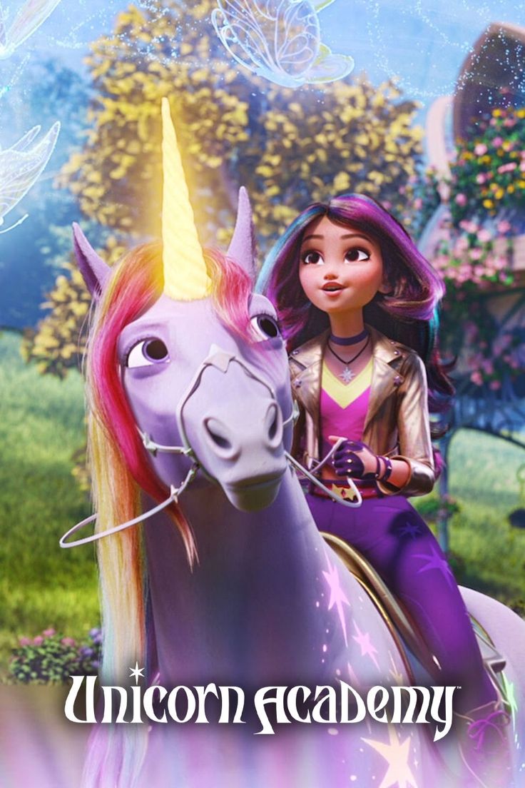 a girl riding on the back of a purple unicorn in front of a rainbow background