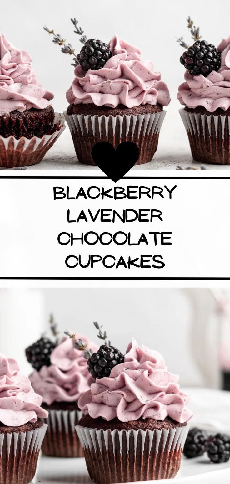 three different pictures of cupcakes with pink frosting and blackberries on top