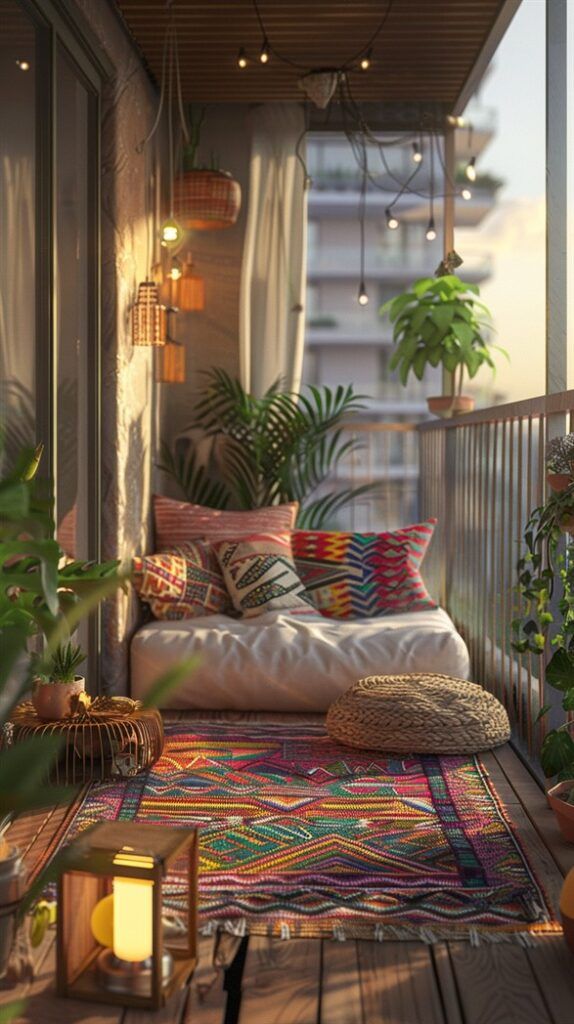 a balcony with lots of potted plants and pillows on the floor next to a lamp