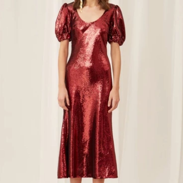 Spend Your Next Big Night In This Keepsake Dress, A Party-Ready Style With Shimmery Sequins And Rich Color. A Scoop Neckline Adds Subtle Allure To This Silhouette. Fabric: Heavyweight, Non-Stretch Sequined Mesh Scoop Neck And Puff Sleeves With Elastic Cuffs Midi Length Hidden Zip At Back Shell: 100% Polyester Lining: 97% Polyester/3% Elastane Dry Clean Imported, China Festive Midi Dress For Evening, Festive Holiday V-neck Dress, Fitted Midi Dress For Festive Occasions, Festive Red Midi Length Dress, Red Knee-length Festive Dress, Festive Red Knee-length Dress, Fitted Midi Dress For Festive Evening Occasions, Holiday Party Midi Dress With Short Sleeves, Red Midi Dress For Festive Occasions