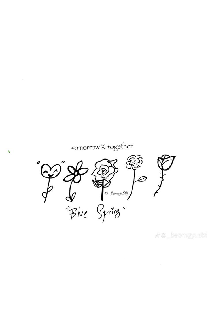 the words blue spring written in black ink on a white background with flowers and leaves