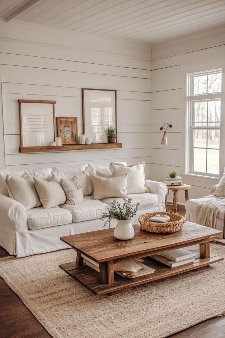 a living room with white couches and pillows