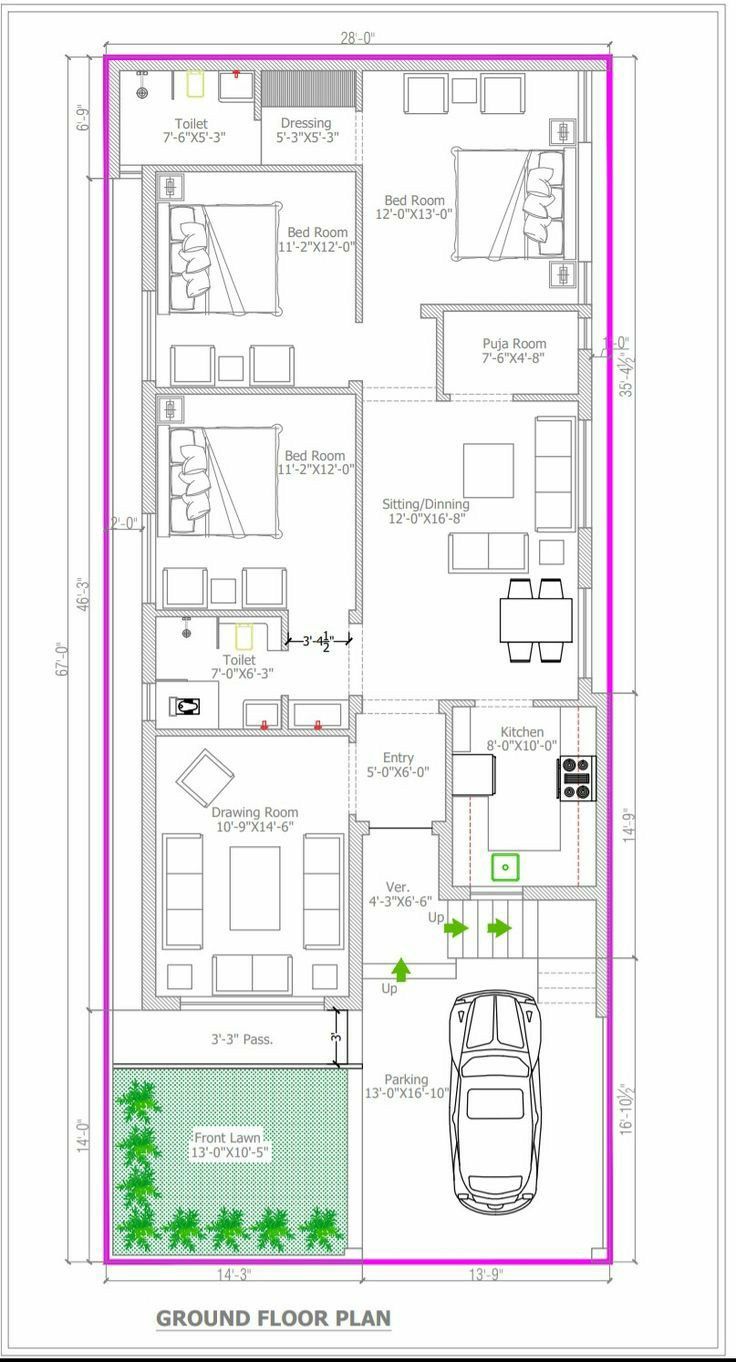 the floor plan for a two story house with an attached garage and living room area