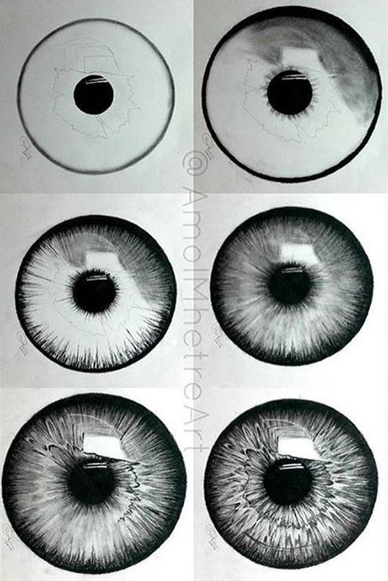 four different types of contact lenses are shown in black and white, each with an individual's eyeball