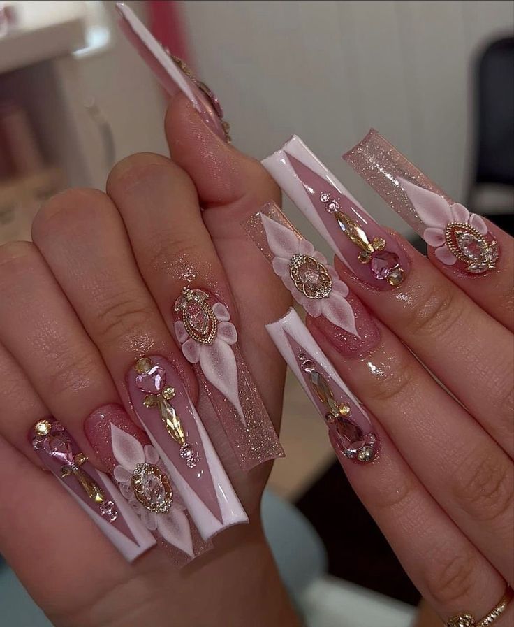 Coffin Latina Nails, Boujee Acrylic Nail Designs, 15 Quinceanera Nails Pink, Quinceañera Nails Pink, Latina Acrylic Nails Pink, Pink Virgencita Nails, Xl Long Acrylic Nails Pink, Pink Xv Nails, Birthday Nail Set Ideas Virgo