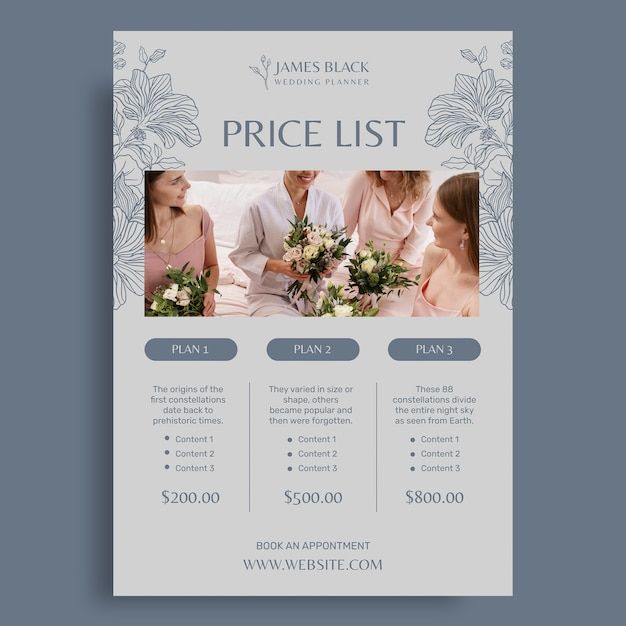 a price list flyer for a wedding