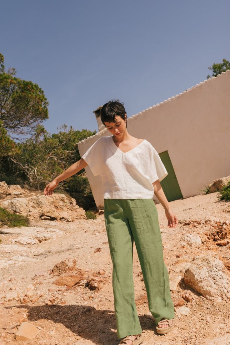 Wide Linen Pants, Linen Wrap Skirt, Sunny Summer Day, Linen Wrap Dress, Linen Crop Top, Linen Crops, Kids Curtains, Simple Top, Casual Evening