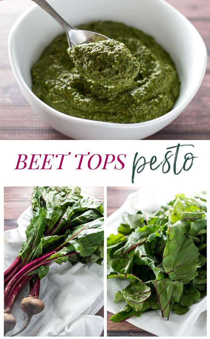 beet tops pesto in a white bowl with spoon