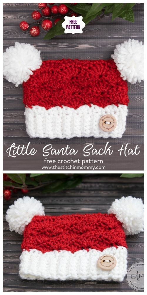 two crocheted santa hats with buttons on the front and back, one is red and