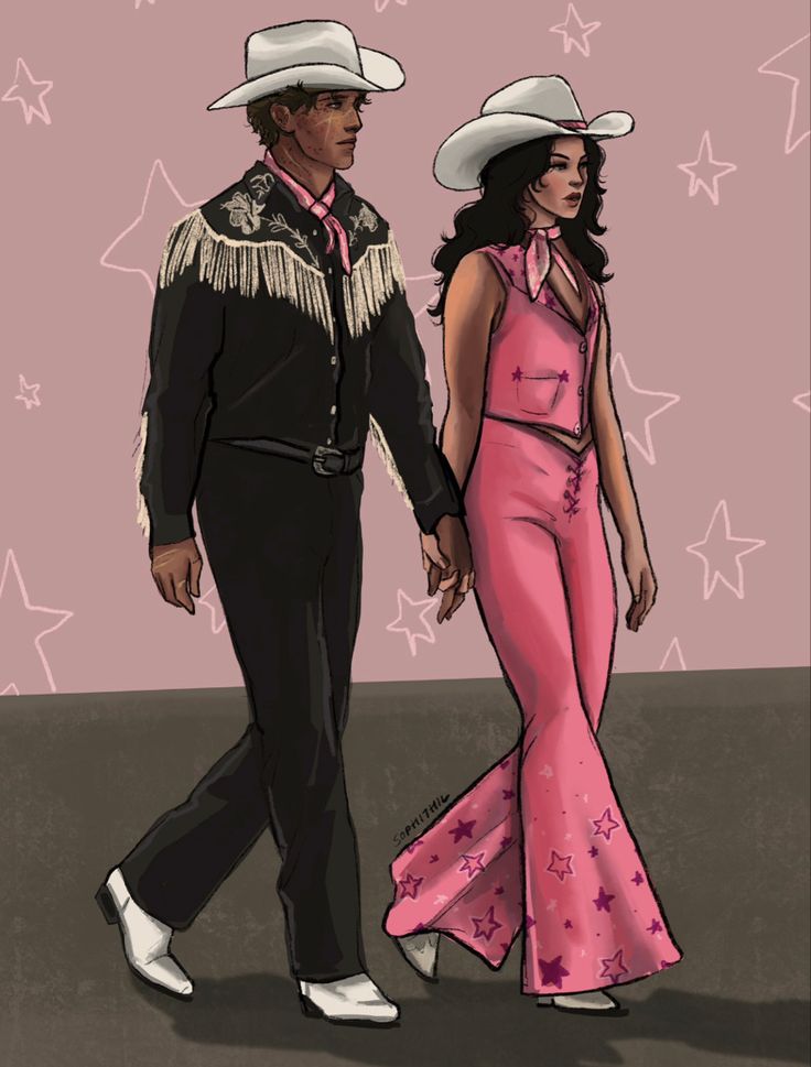 a man and woman in cowboy hats walk down the street holding hands with each other