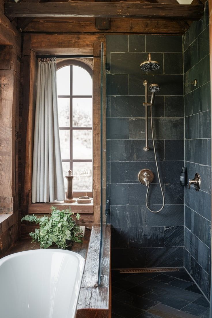 a bath tub sitting next to a window in a wooden bathroom with black tiles on the walls