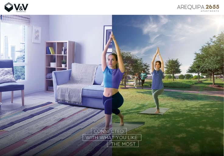 two women doing yoga poses in front of a living room with the sun shining on them