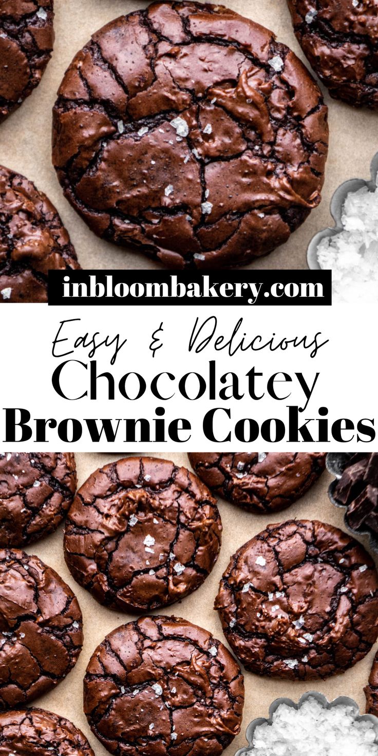 chocolate brownie cookies with white sprinkles and text overlay that reads easy & delicious chocolatey brownie cookies