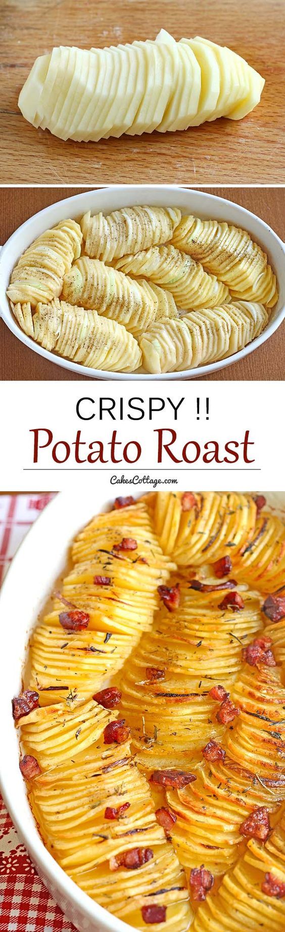 potato roast in a casserole dish with bacon on top and the recipe below